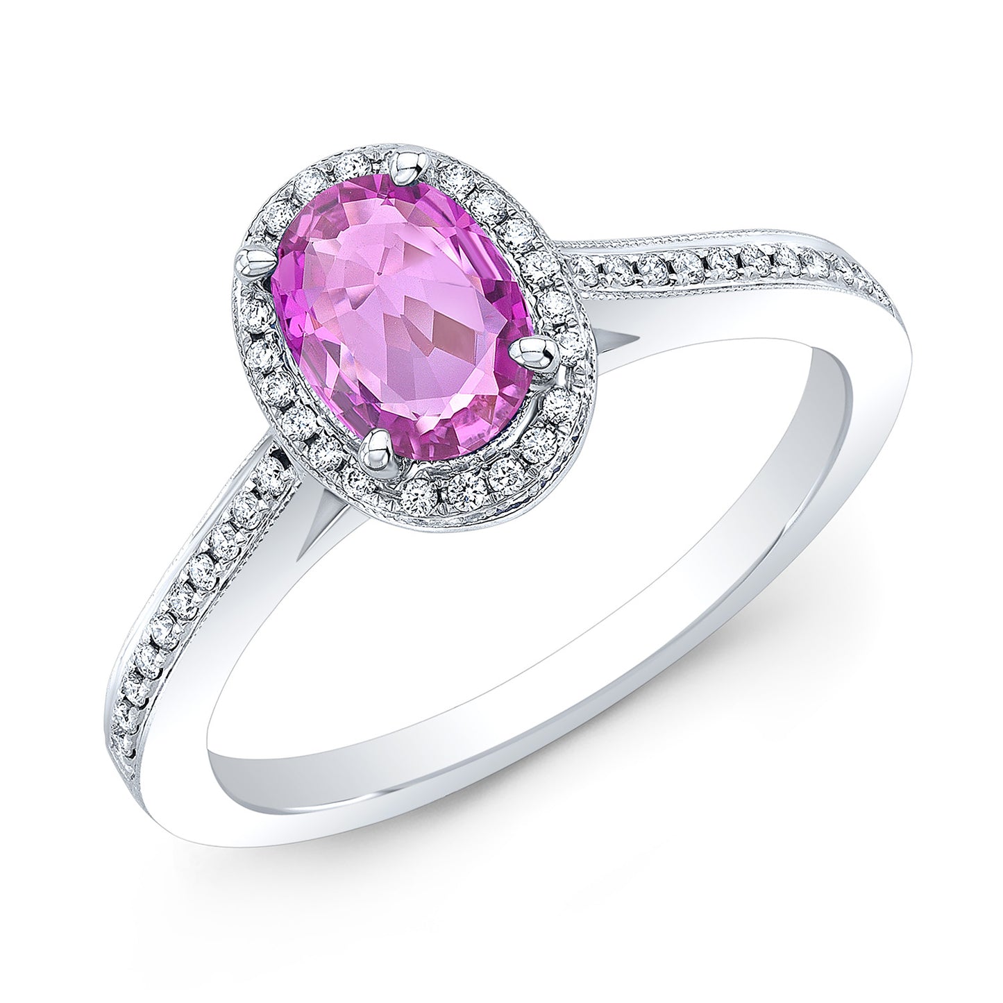 Pink Sapphire And Diamond Oval Halo Ring In 14k White Gold (7x5mm)