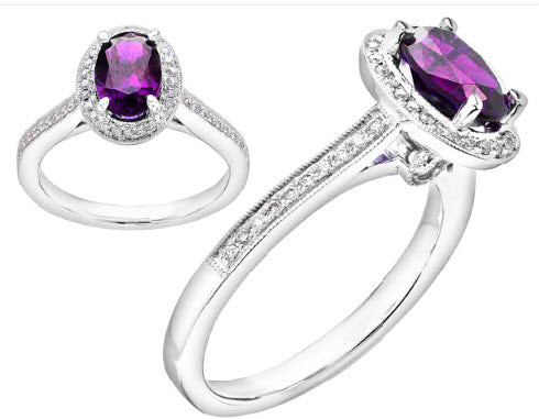 14k White Gold Oval Amethyst & Diamond Ring 0.20ctw
