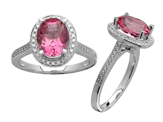 Pink Tourmaline & Diamond Halo Ring In 14k White Gold