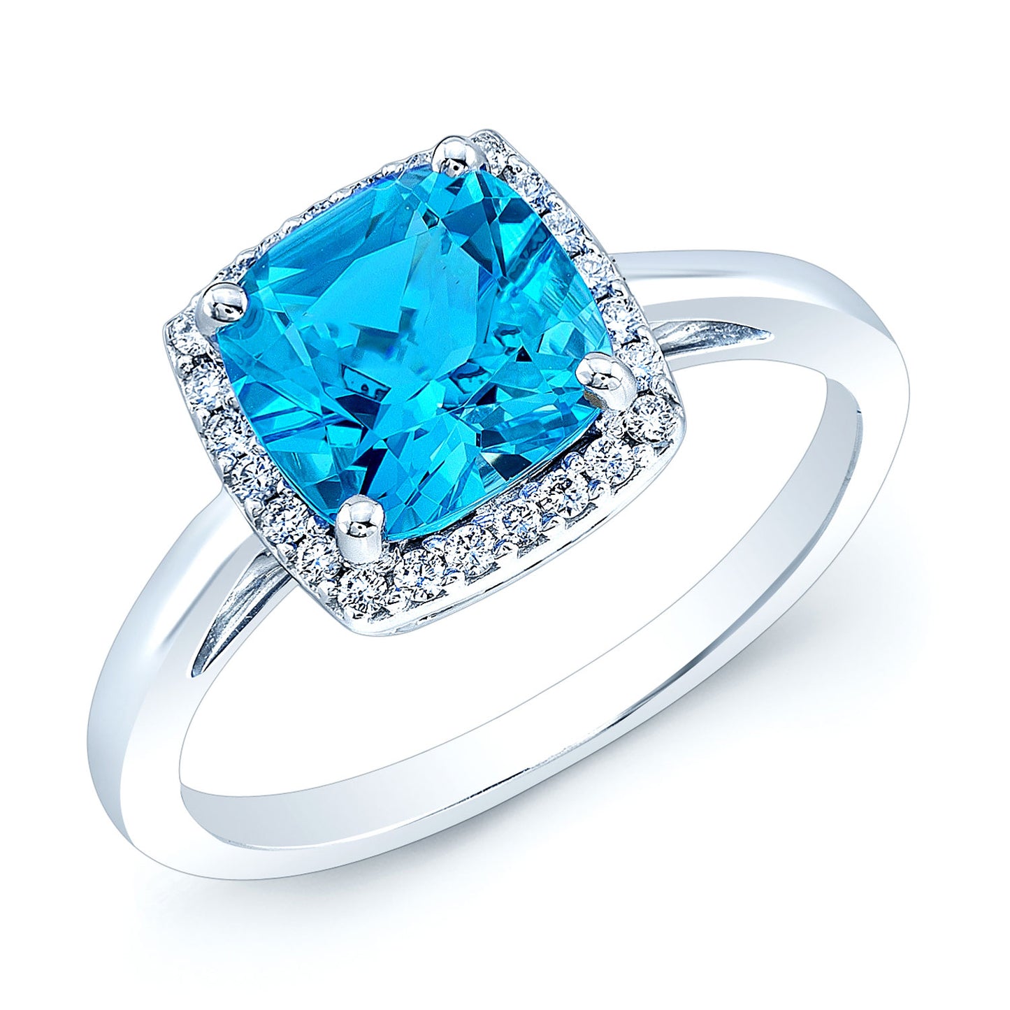 Blue Topaz And Diamond Cushion Halo Slim Shank Ring In 14k White Gold