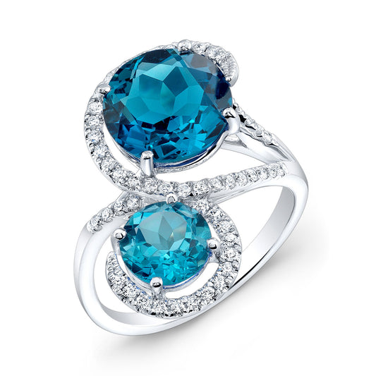 Blue Topaz 2-stone And Diamond Ring In 14k White Gold