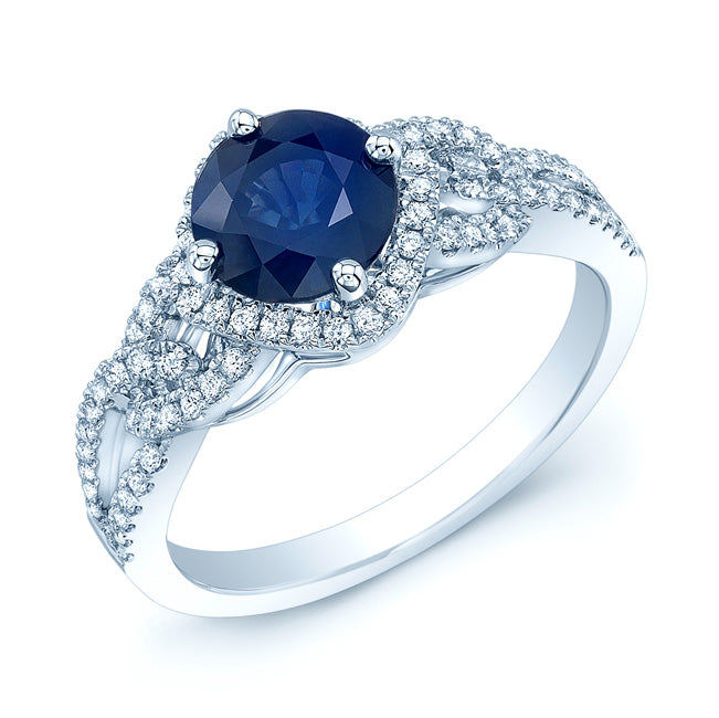 Round Blue Sapphire And Diamond Twisted Halo Ring In 14k White Gold ( Hi/si) (6.5mm)