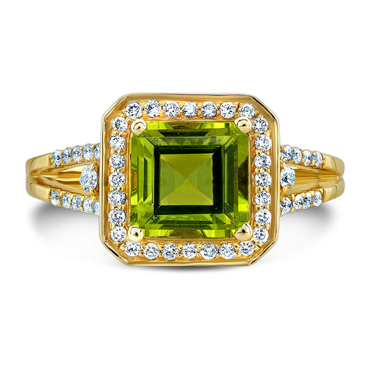 Peridot And Diamond Octagon Halo Ring In 14k Yellow Gold