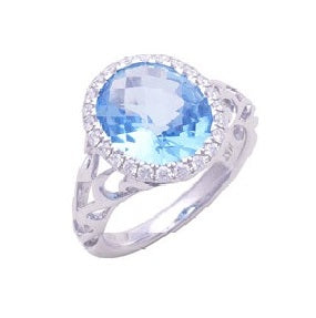Swiss Blue Topaz Oval And Diamond Ring In 14k White Gold