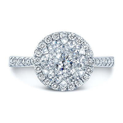 Diamond Halo Ring With Tapered Shank In 14k White Gold