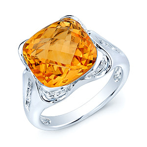 Citrine Cushion And Diamond Ring In 14k White Gold