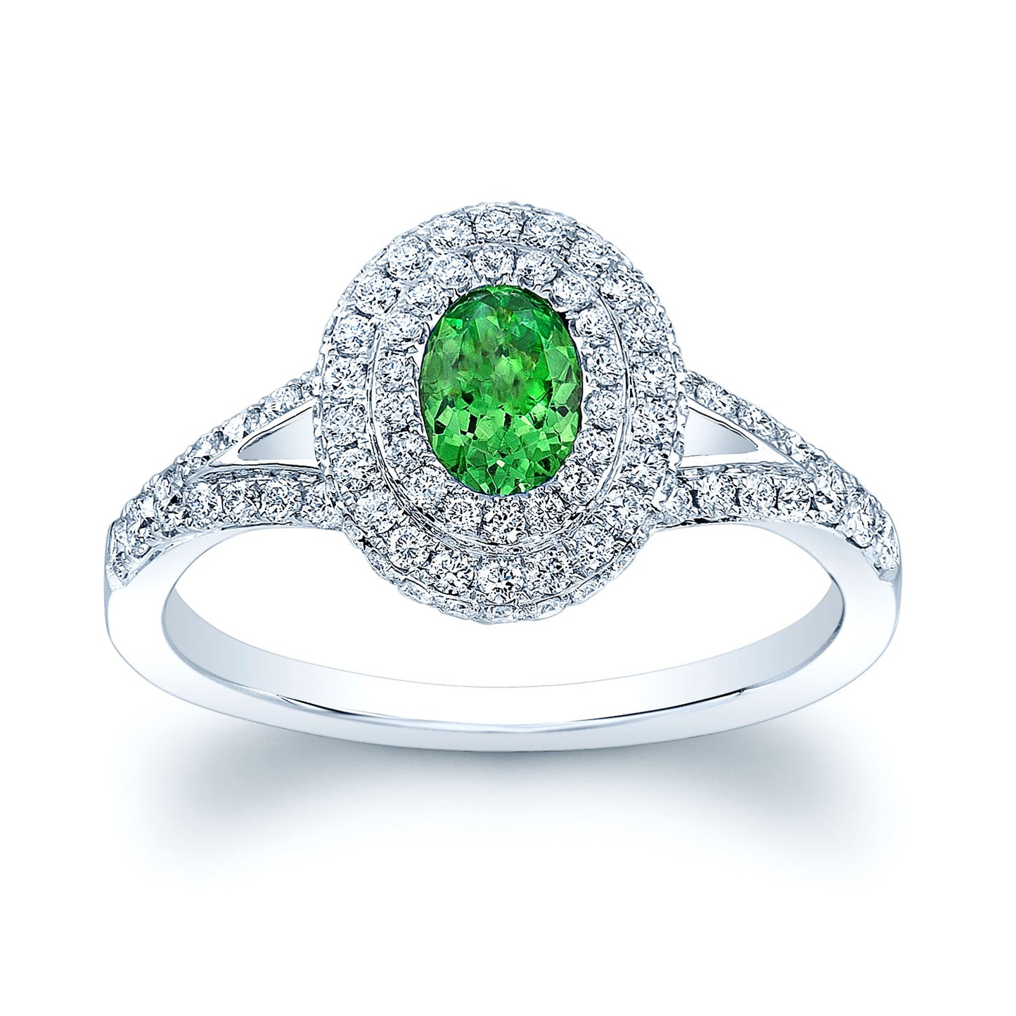 Tsavorite And Diamond Double Halo Ring In 14k White Gold