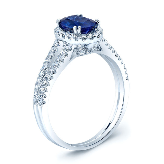 Sapphire Oval 8x6mm And Diamond Halo 14k White Gold