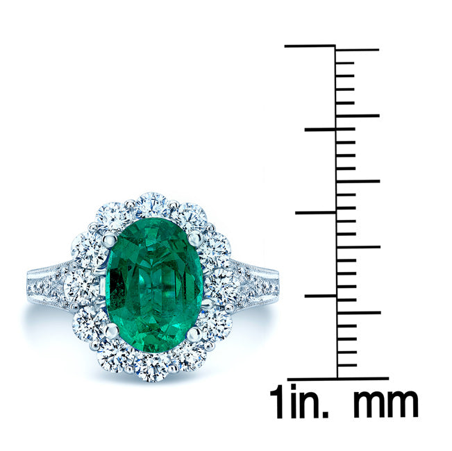 Emerald Oval And Diamond Halo Ring In 14k White Gold