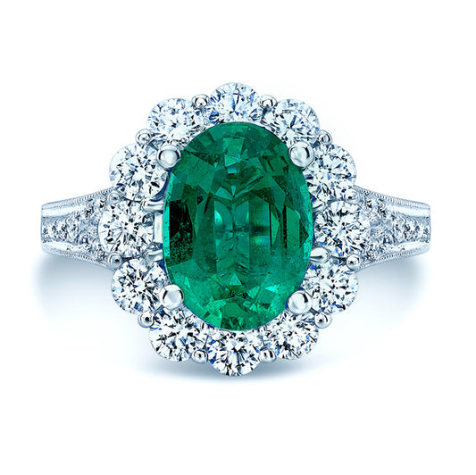 Emerald Oval And Diamond Halo Ring In 14k White Gold