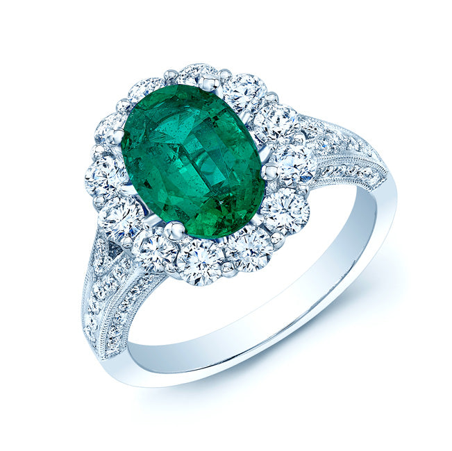 Emerald Oval And Diamond Halo Ring In 14k White Gold
