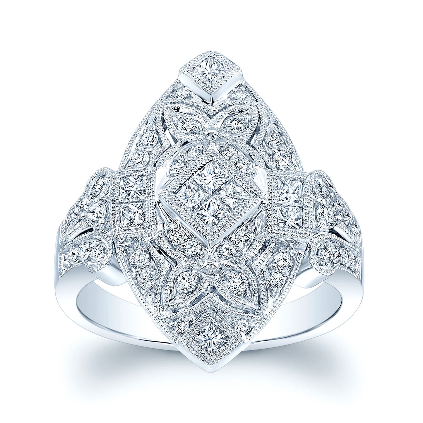 Diamond Antique Finish Art Deco Marquise Shape Ring In 14k White Gold