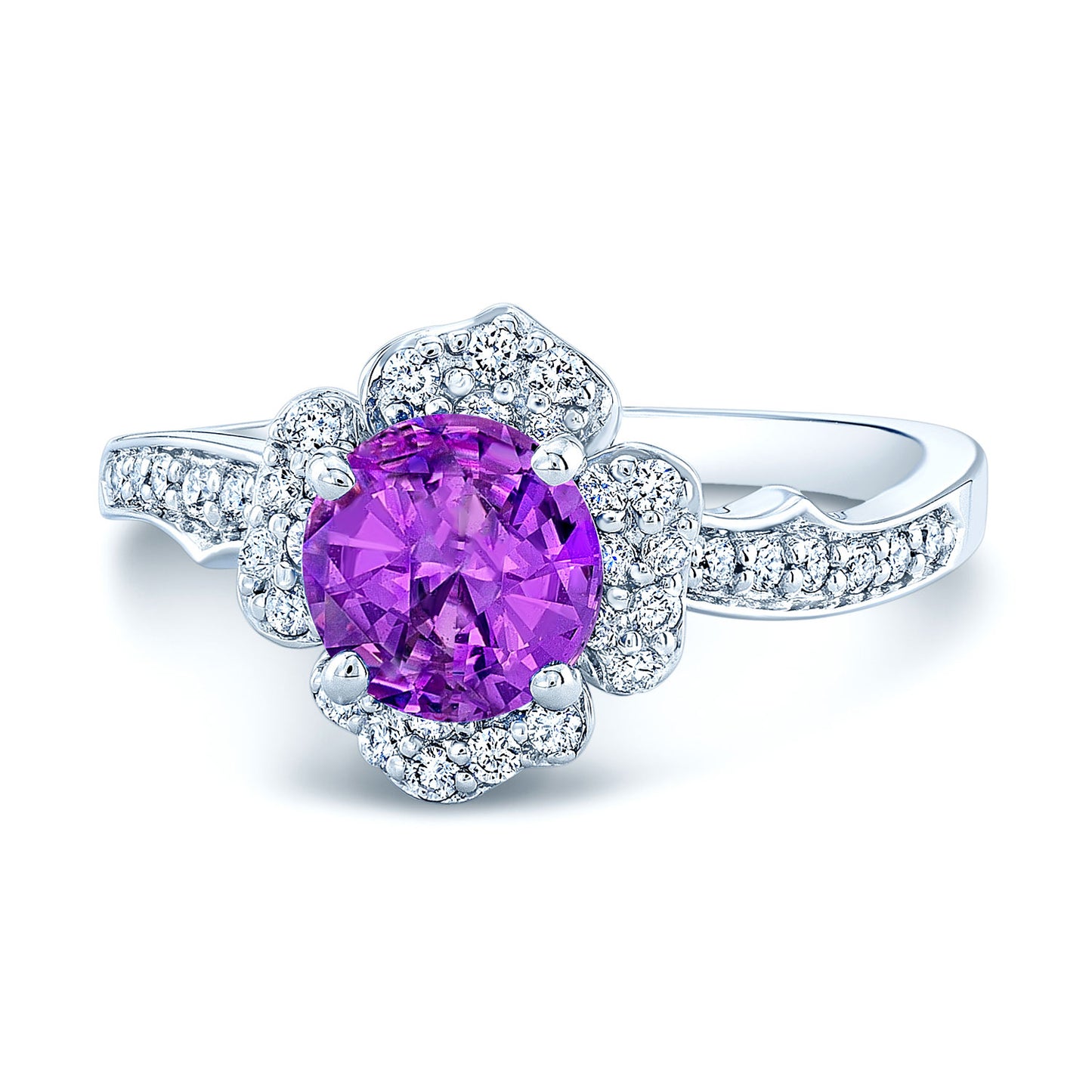 Pink Sapphire & Diamond Floral Halo Ring In 14k White Gold