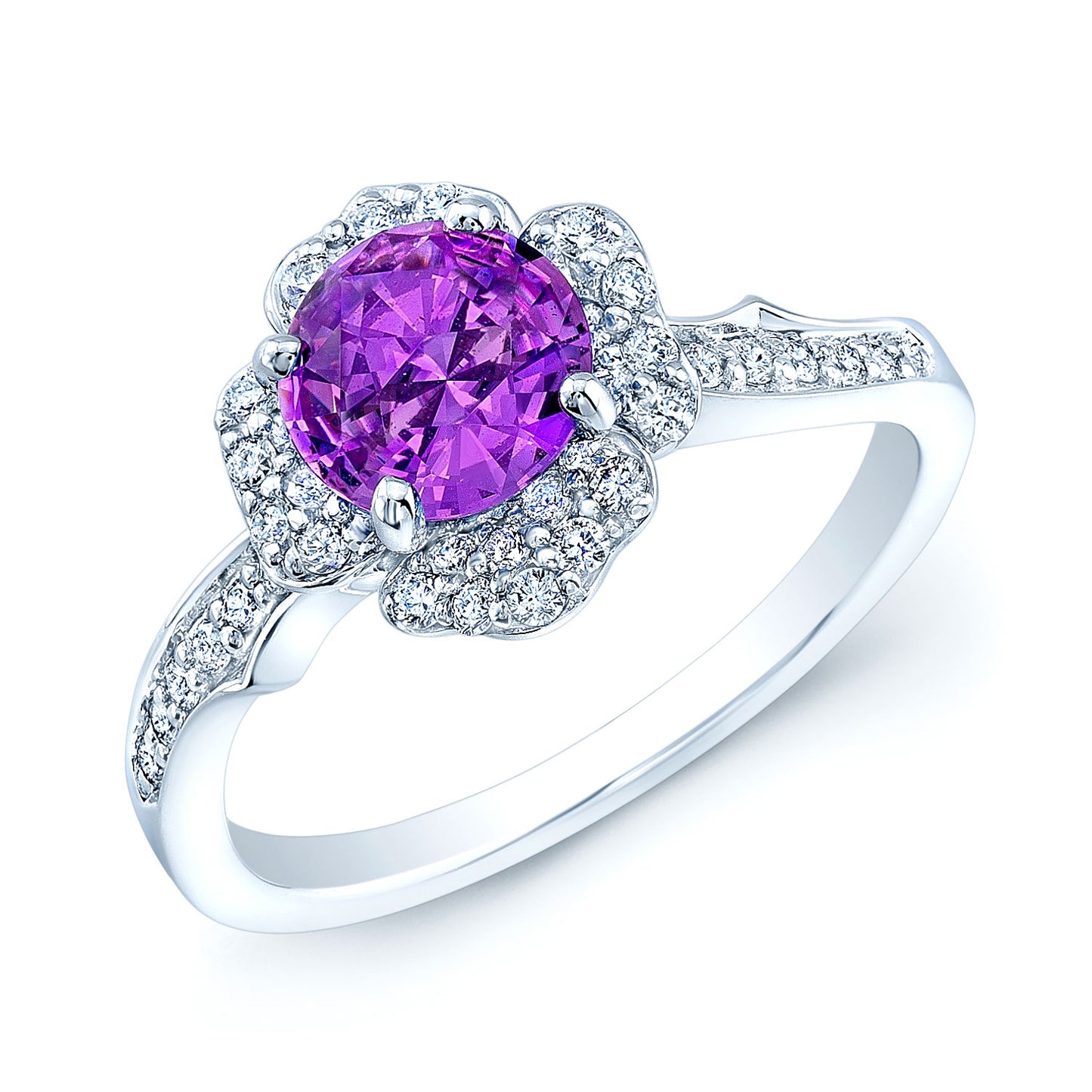 Pink Sapphire & Diamond Floral Halo Ring In 14k White Gold