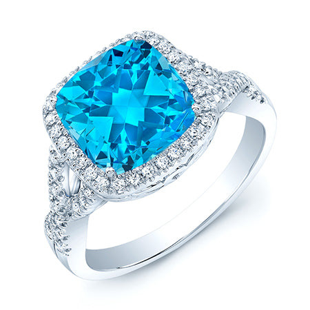 Blue Topaz 9mm Cushion & Diamond Ring In 14k White Gold