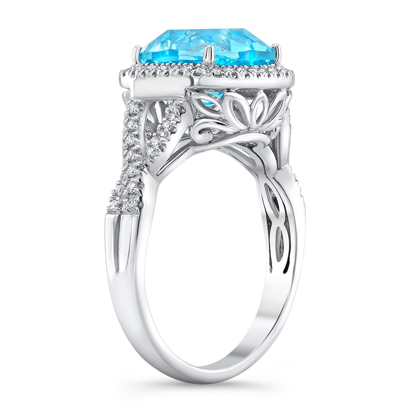 Blue Topaz 9mm Cushion & Diamond Ring In 14k White Gold