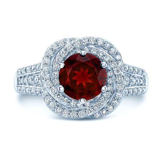 Garnet And Diamond Halo Ring In 14k White Gold