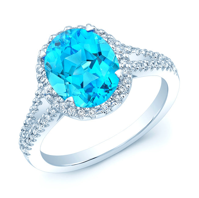 Blue Topaz And Diamond Oval Halo Split Shank Ring In 14k White Gold ( Hi / Si )