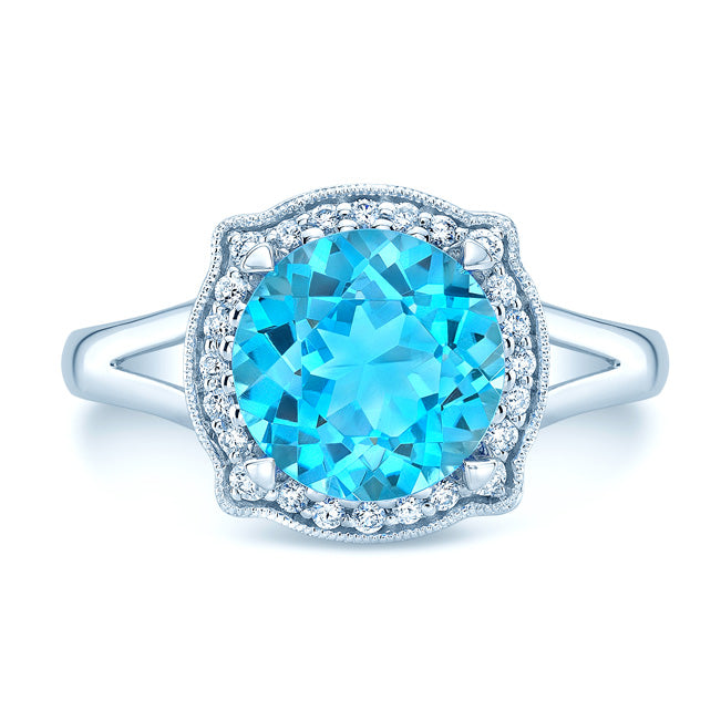 Blue Topaz And Diamond Round Halo Pinched Corner Ring In 14k White Gold