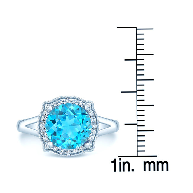 Blue Topaz And Diamond Round Halo Pinched Corner Ring In 14k White Gold