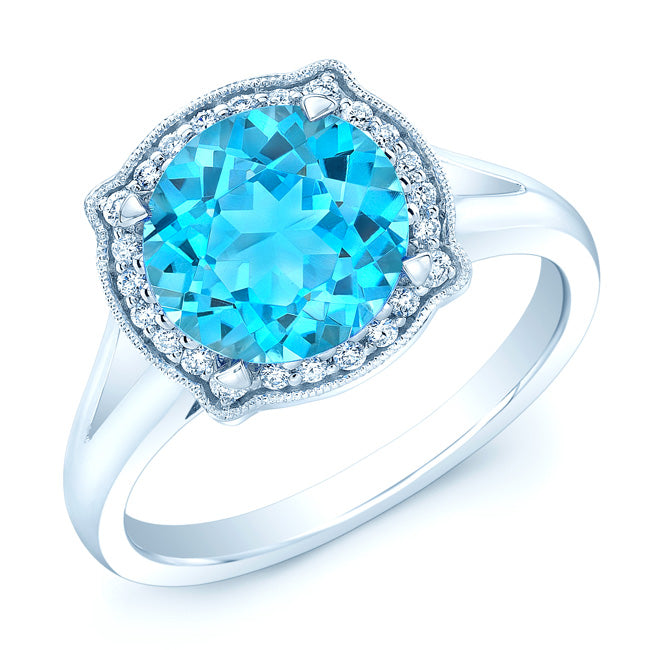 Blue Topaz And Diamond Round Halo Pinched Corner Ring In 14k White Gold