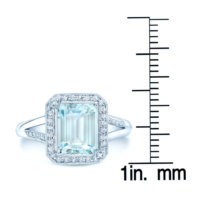 Aqua And Diamond Emerald Cut Halo And Accented Corners Ring In 14k White Gold (hi / Si)