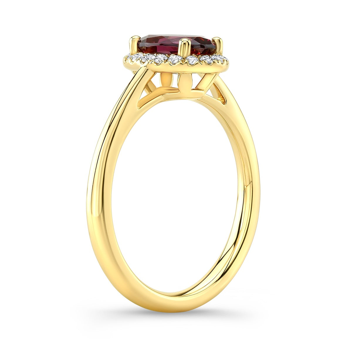 Rhodolite Garnet and Diamond Oval Halo Ring in 14k Yellow Gold 1/8ctw