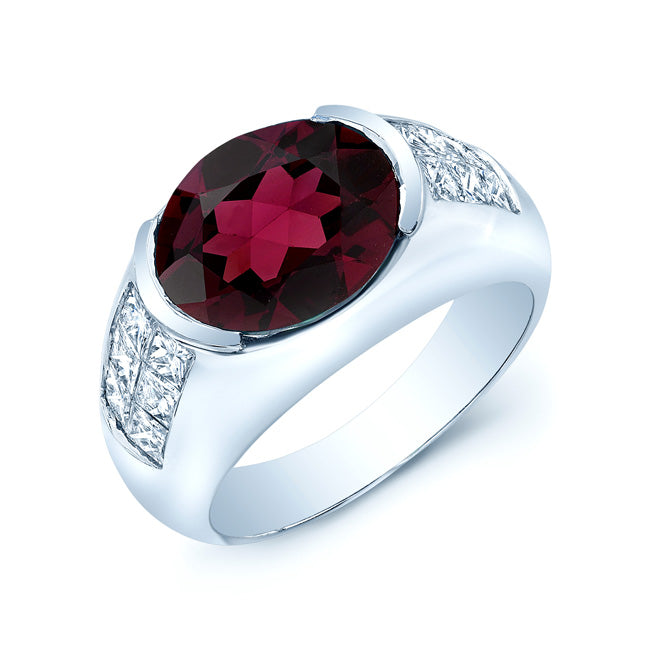 Rhodolite Garnet And Diamond Sideways Oval Semi Bezel Ring In 18k White Gold (1.15ctw)