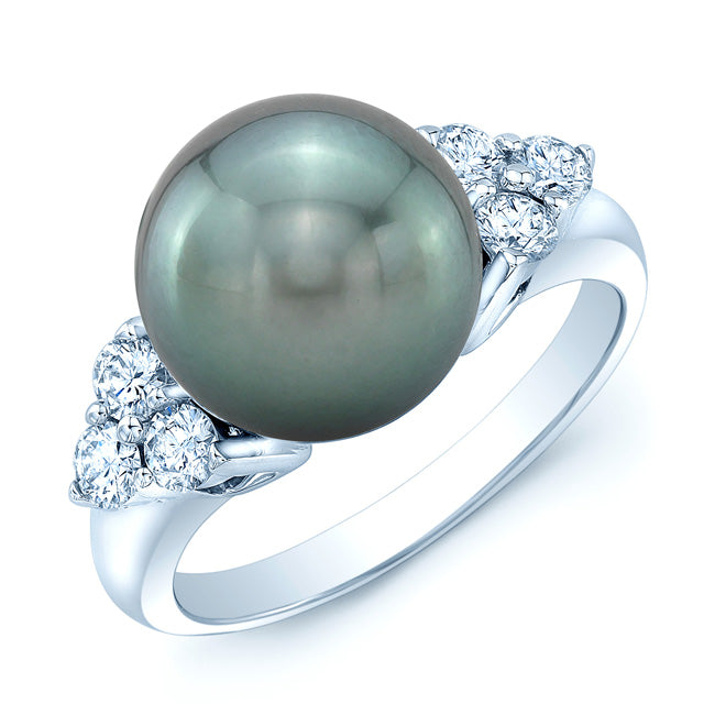 Black South Sea Pearl And Diamond Ring In 14k White Gold
