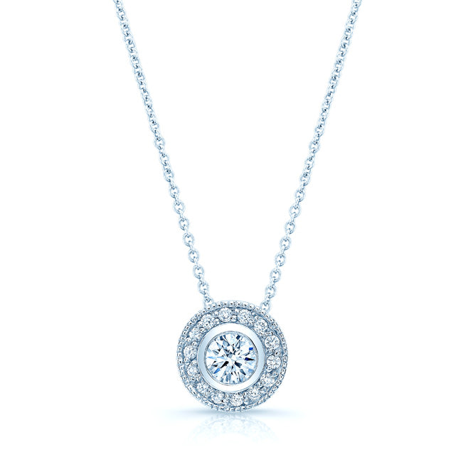 Diamond Round Bezel Halo Pendant With Milgrain In 18k White Gold