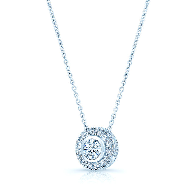 Diamond Round Bezel Halo Pendant With Milgrain In 18k White Gold