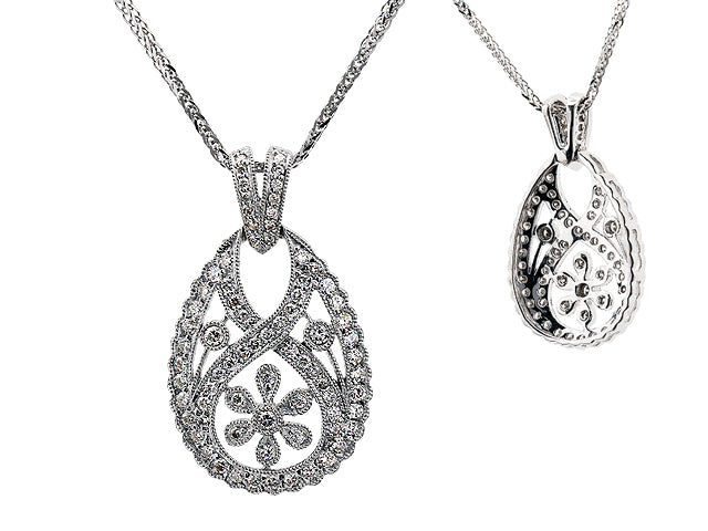 Diamond Open Teardrop Pendant With Millgrained Floral Motif In 18k White Gold