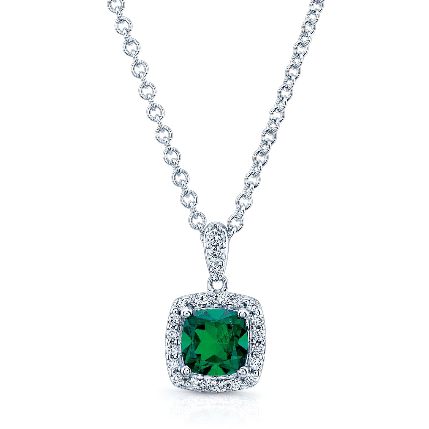 Created Emerald & Diamond Pendant In 14k White Gold