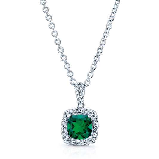 Created Emerald & Diamond Pendant In 14k White Gold