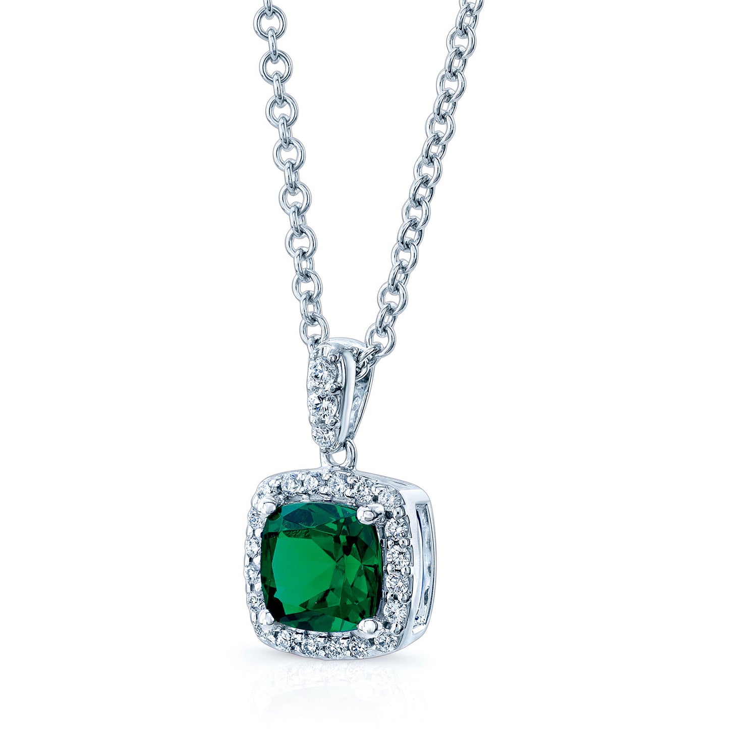 Created Emerald & Diamond Pendant In 14k White Gold