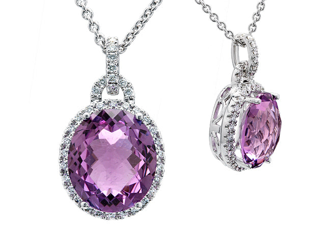 Amethyst And Diamond Oval Halo Pendant In 18k White Gold (14x12mm Center)
