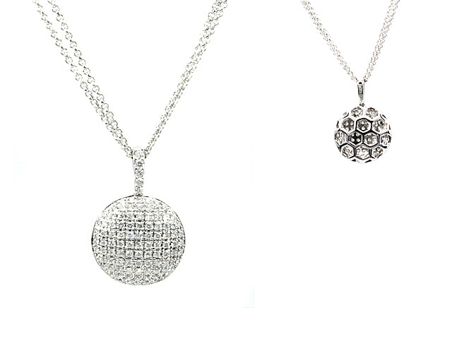 Diamond Puff Pave Disk Pendant In 18k White Gold, 16-inch Rolo Double Chain