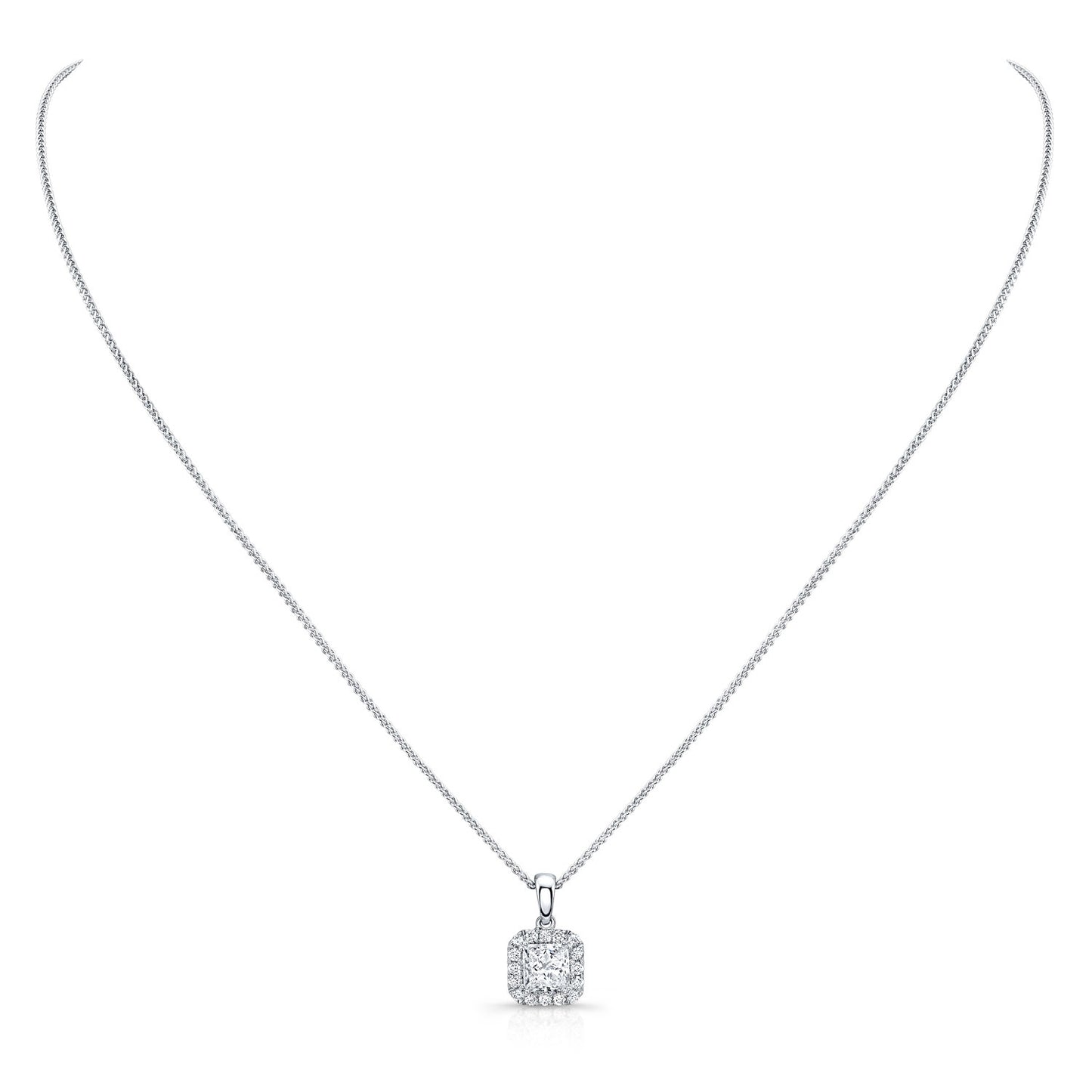 Diamond Princess Cut, Rounded Halo Pendant In 14k White Gold (0.75ct Ctr) 17-inch Chain