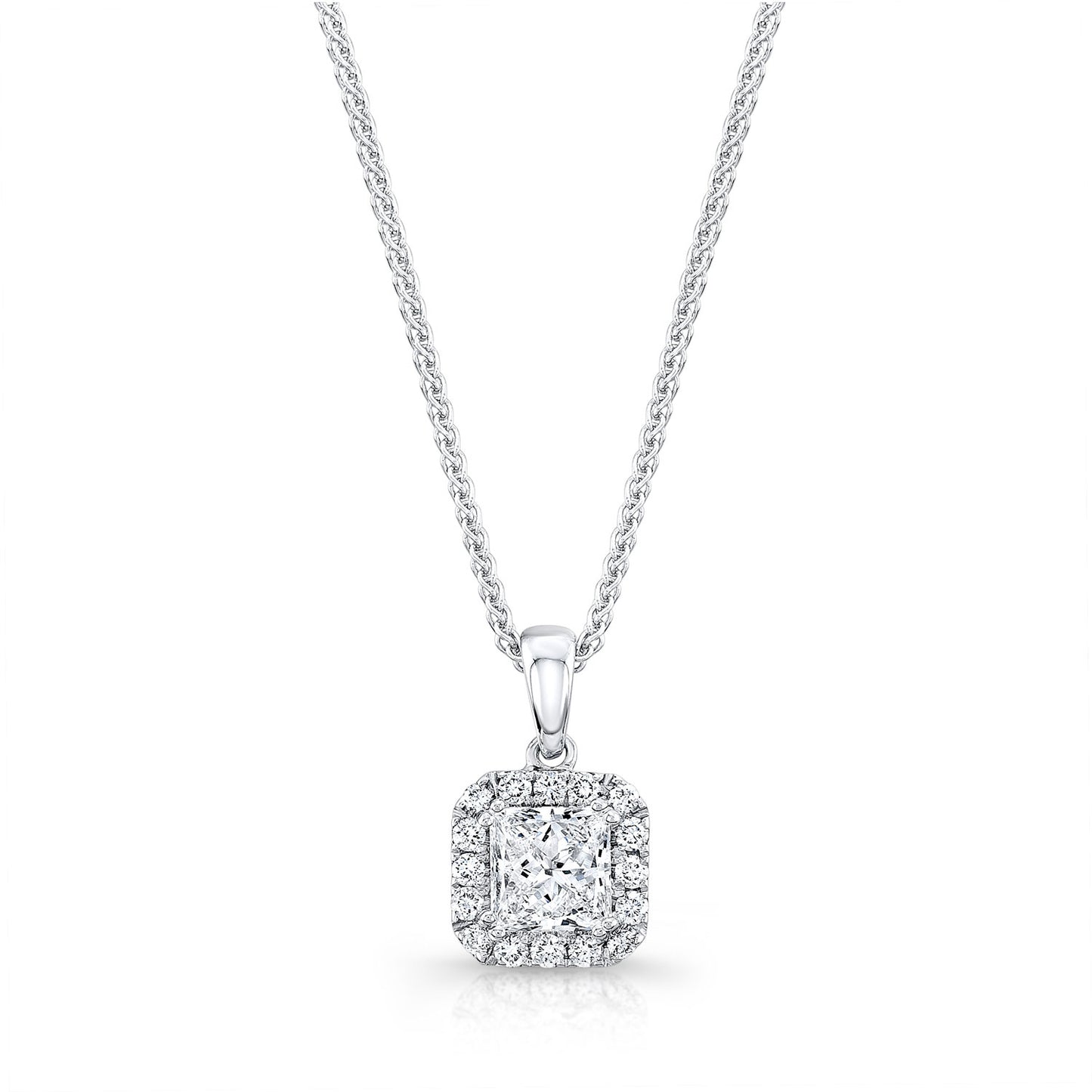 Diamond Princess Cut, Rounded Halo Pendant In 14k White Gold (0.75ct Ctr) 17-inch Chain