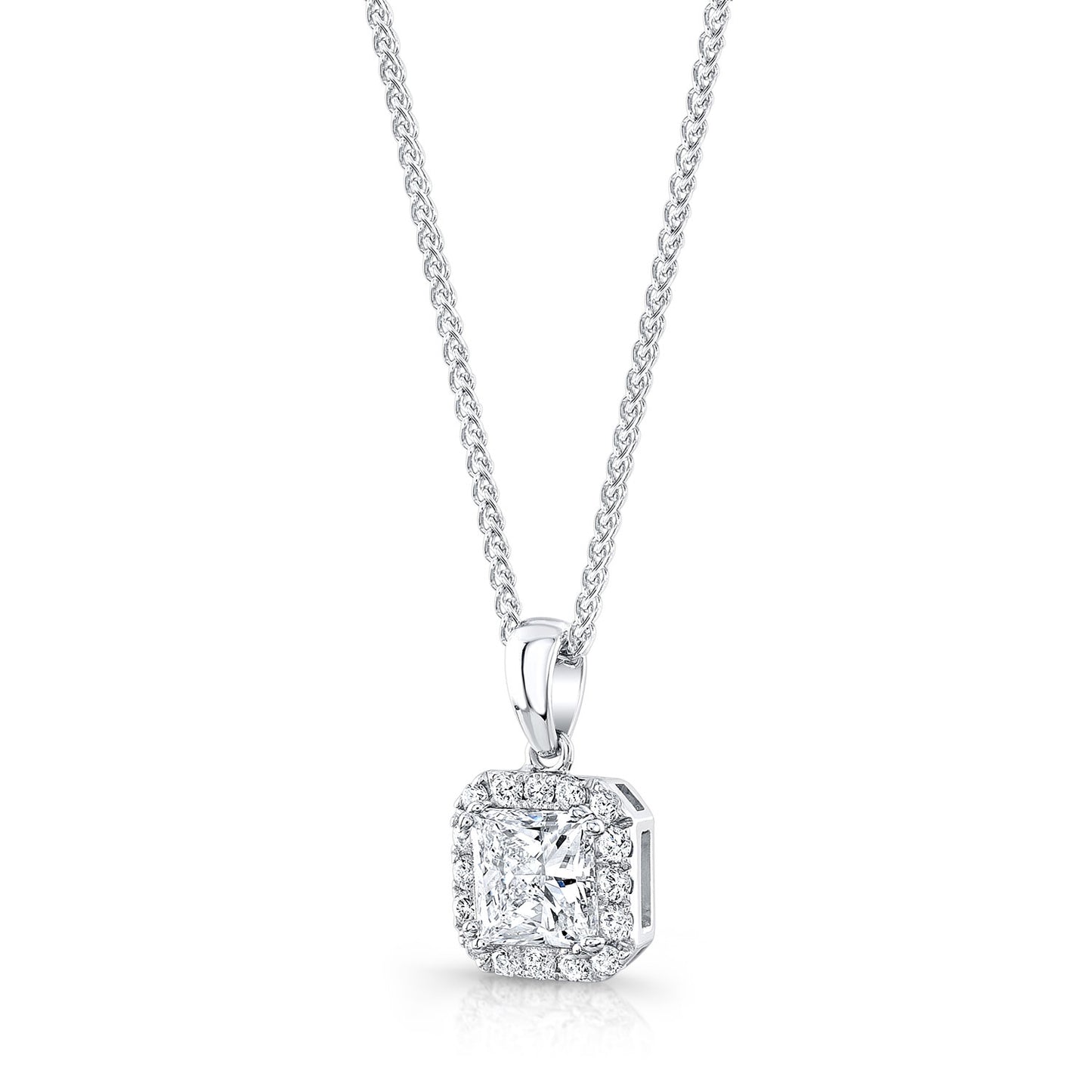 Diamond Princess Cut, Rounded Halo Pendant In 14k White Gold (0.75ct Ctr) 17-inch Chain