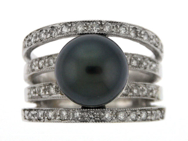 Black South Sea Pearl And Diamond Ring In 18k White Gold - (cloned)