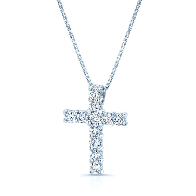Diamond Prong-set Petite Cross Pendant In 14k White Gold