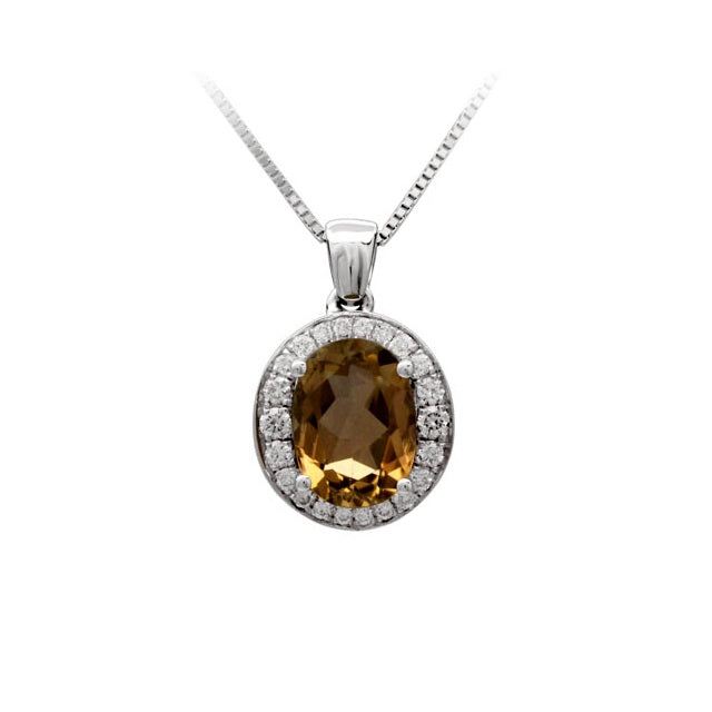 Citrine And Diamond Oval Halo Pendant In 14k White Gold (18-in Curb Chain)