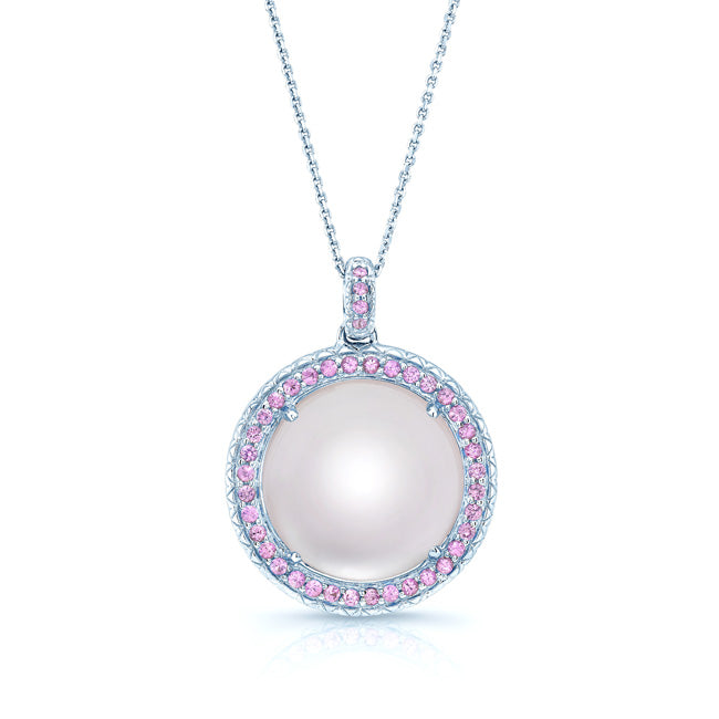 Amethyst Mother Of Pearl And Pink Sapphire Cabochon Pendant In 14k White Gold (17-in Curb Chain)
