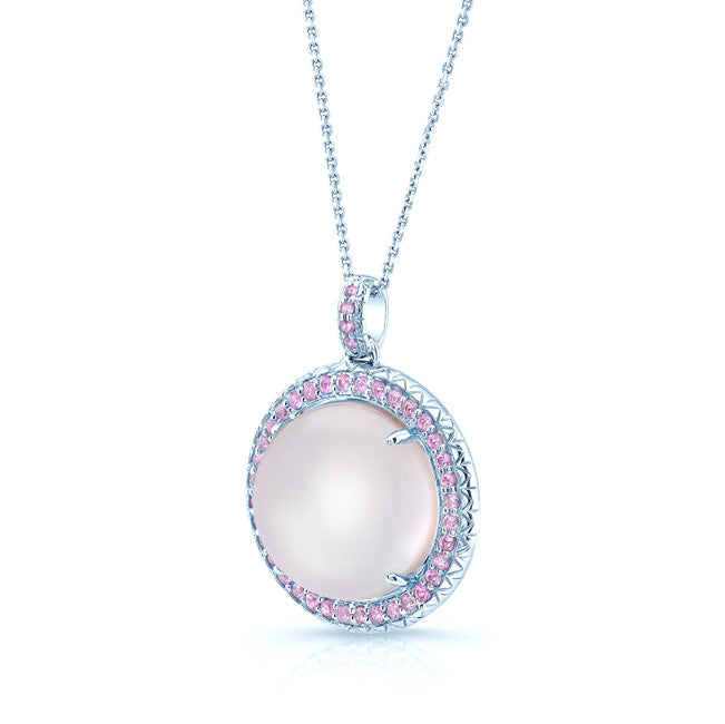 Amethyst Mother Of Pearl And Pink Sapphire Cabochon Pendant In 14k White Gold (17-in Curb Chain)