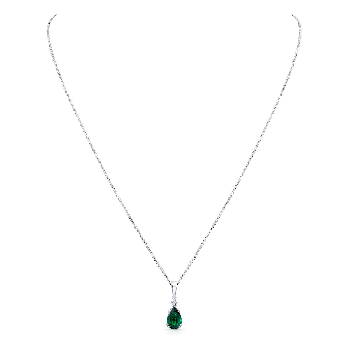 Created Emerald And Diamond Teardrop Pendant In 14k White Gold (17-in Curb Chain)