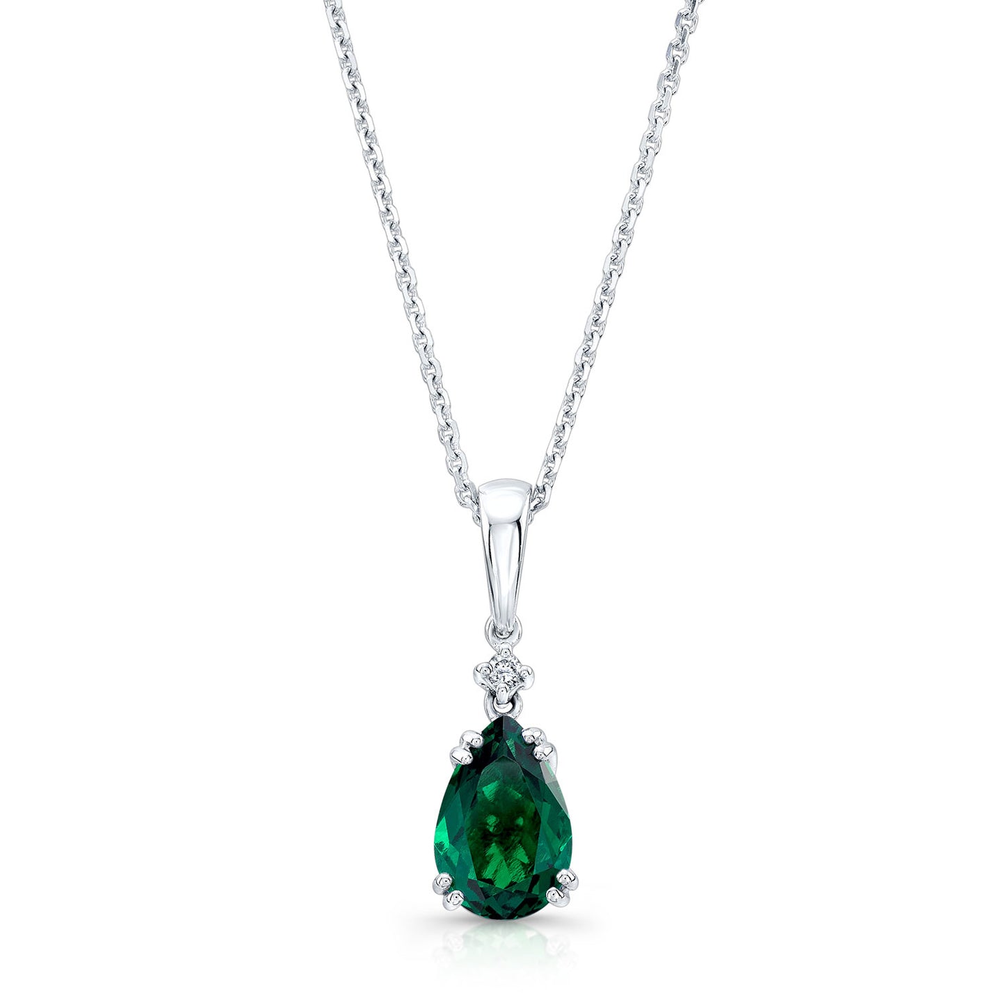 Created Emerald And Diamond Teardrop Pendant In 14k White Gold (18-in Curb Chain)