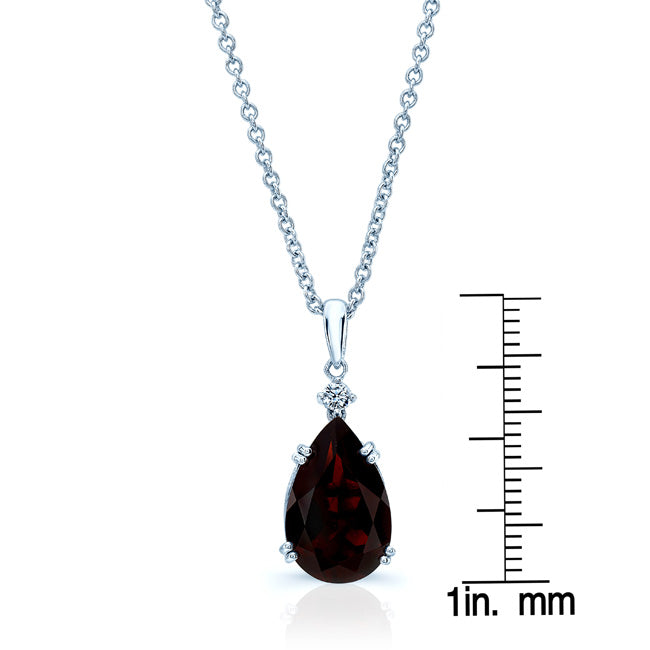 Garnet And Diamond Pendant In 14k White Gold On 18" Baby Curb Chain