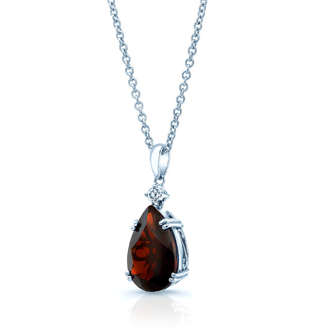 Garnet And Diamond Pendant In 14k White Gold On 18" Baby Curb Chain
