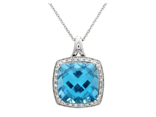 Blue Topaz And Diamond Checkerboard Cushion Halo Pendant In 14k White Gold (12mm Center)